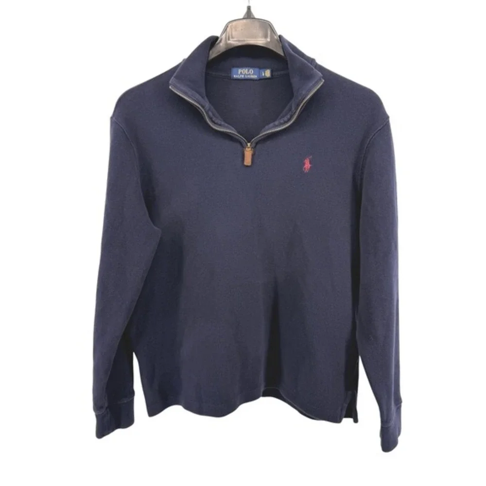 Polo Ralph Lauren Estate Rib 1/4 Zip Mens Large Pullover Navy Blue Pony Cotton‎